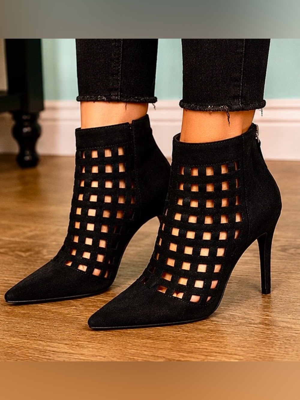 Aldo Black Suede Cutout Pointed Toe Stiletto Ankle Booties